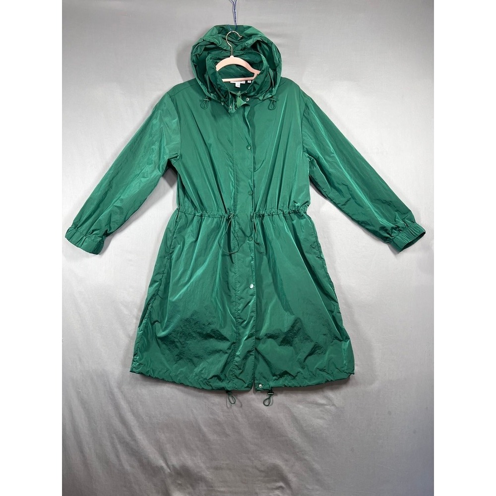 Chicos Emerald Green Longline Windbreaker Hooded Parka Jacket Size 2 Large
